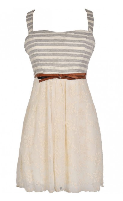 In Neutral Belted Embroidered Lace Dress